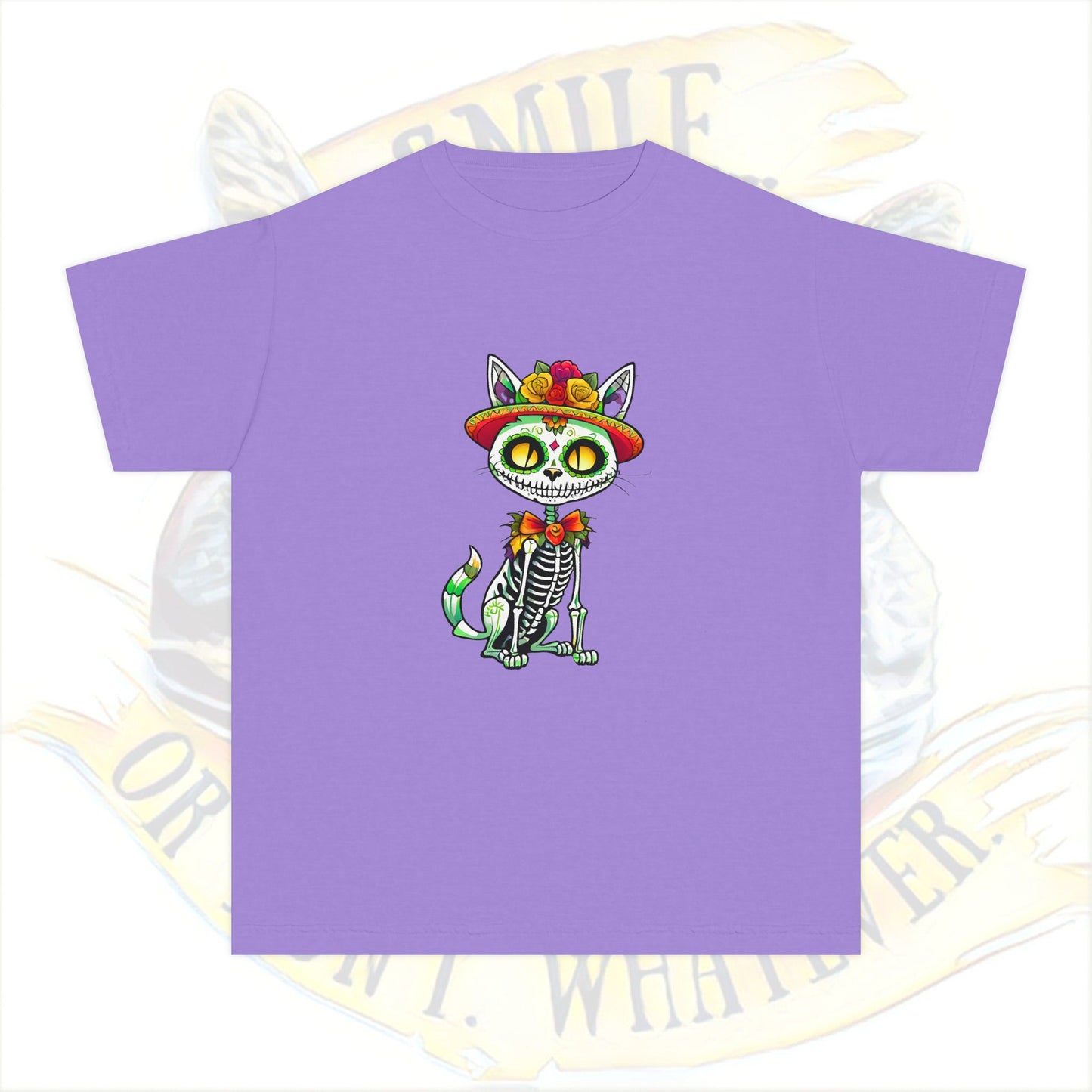 Day of the Dead Youth Tee, Fun Cat Skeleton Shirt, Halloween Shirt, Dia de los Muertos Shirt, Kids Graphic Tee