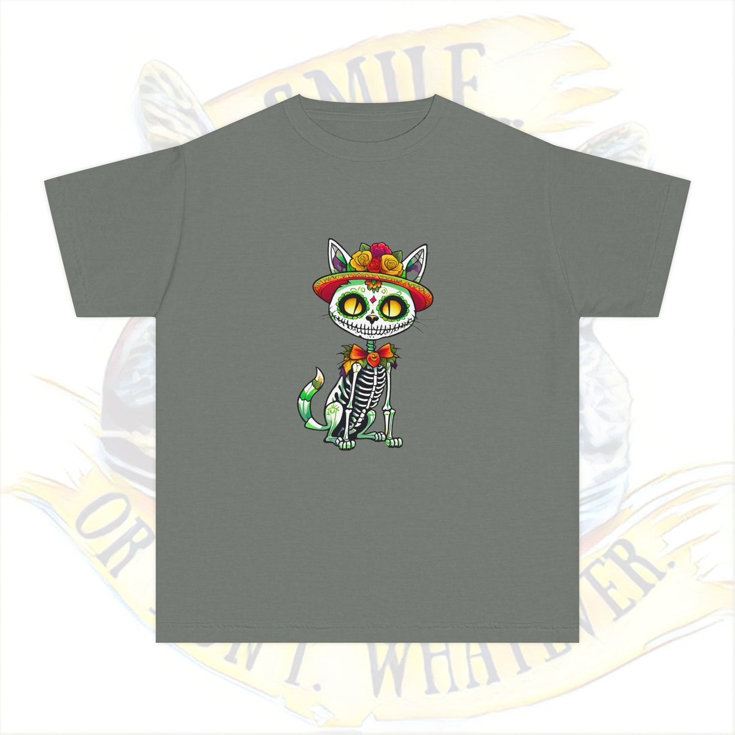 Day of the Dead Youth Tee, Fun Cat Skeleton Shirt, Halloween Shirt, Dia de los Muertos Shirt, Kids Graphic Tee
