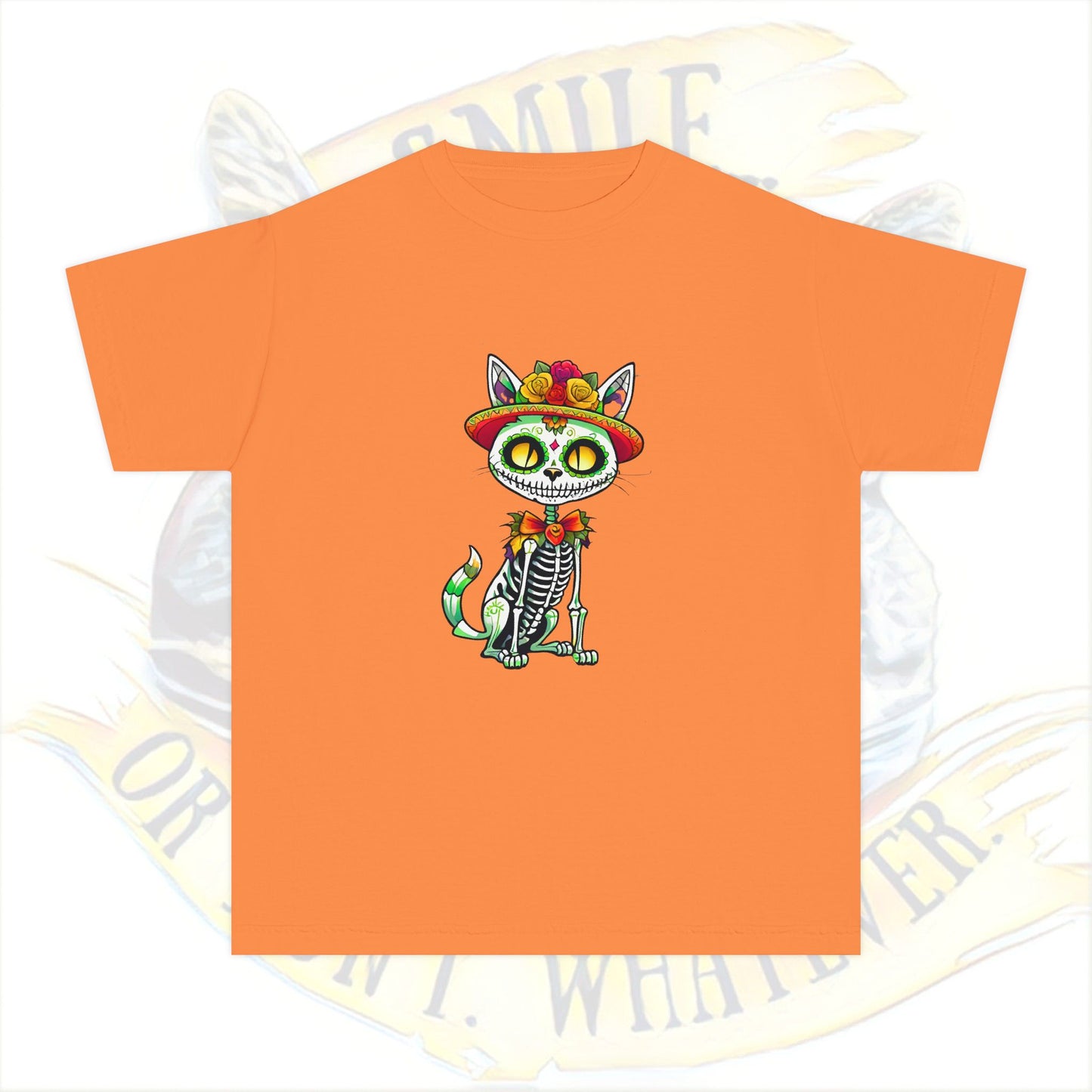 Day of the Dead Youth Tee, Fun Cat Skeleton Shirt, Halloween Shirt, Dia de los Muertos Shirt, Kids Graphic Tee