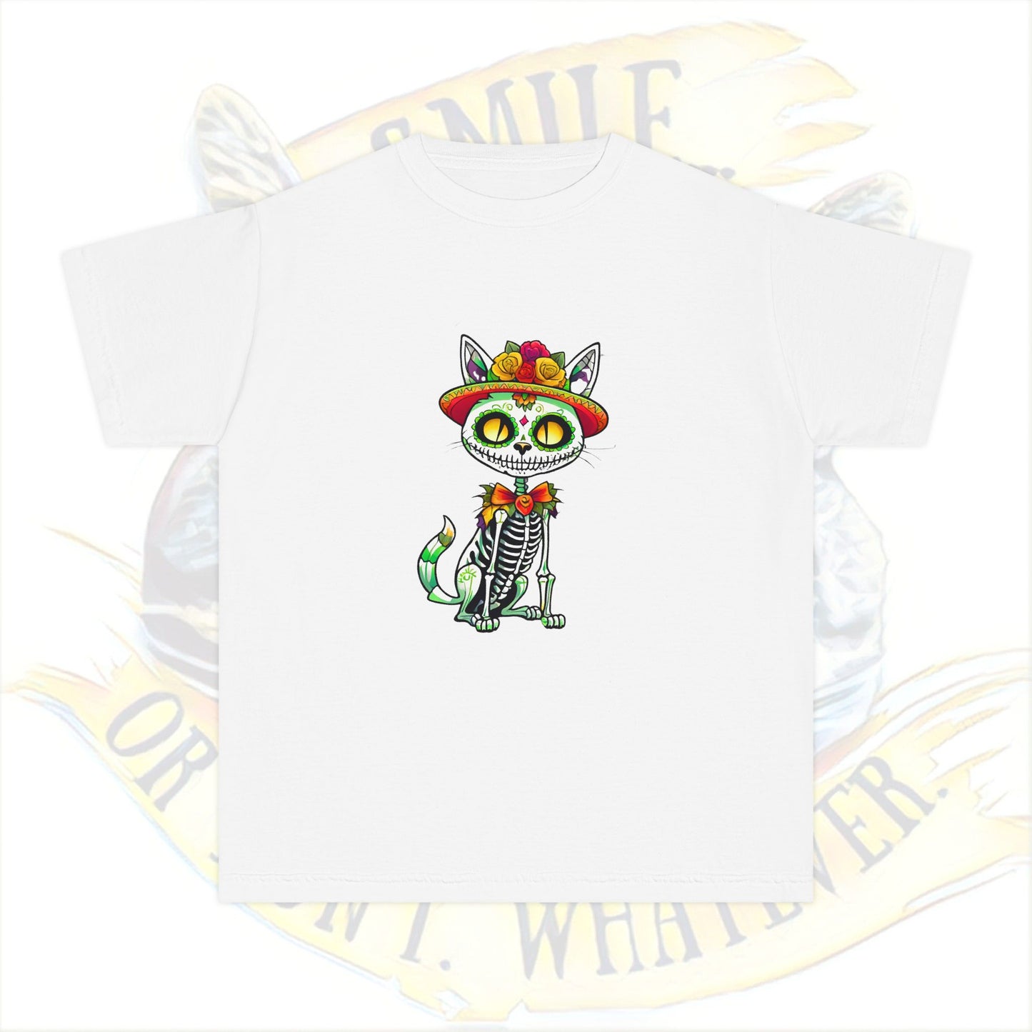 Day of the Dead Youth Tee, Fun Cat Skeleton Shirt, Halloween Shirt, Dia de los Muertos Shirt, Kids Graphic Tee