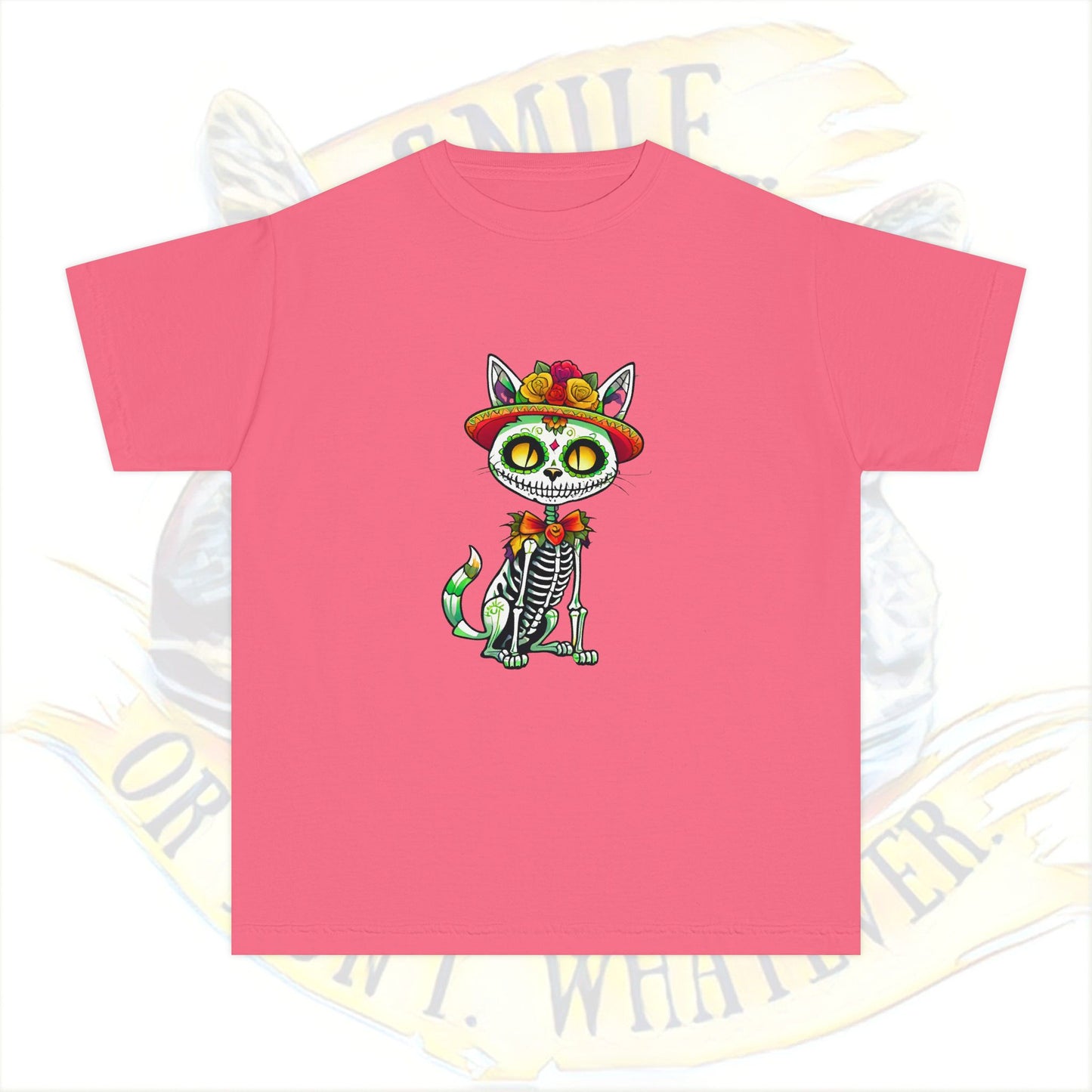 Day of the Dead Youth Tee, Fun Cat Skeleton Shirt, Halloween Shirt, Dia de los Muertos Shirt, Kids Graphic Tee