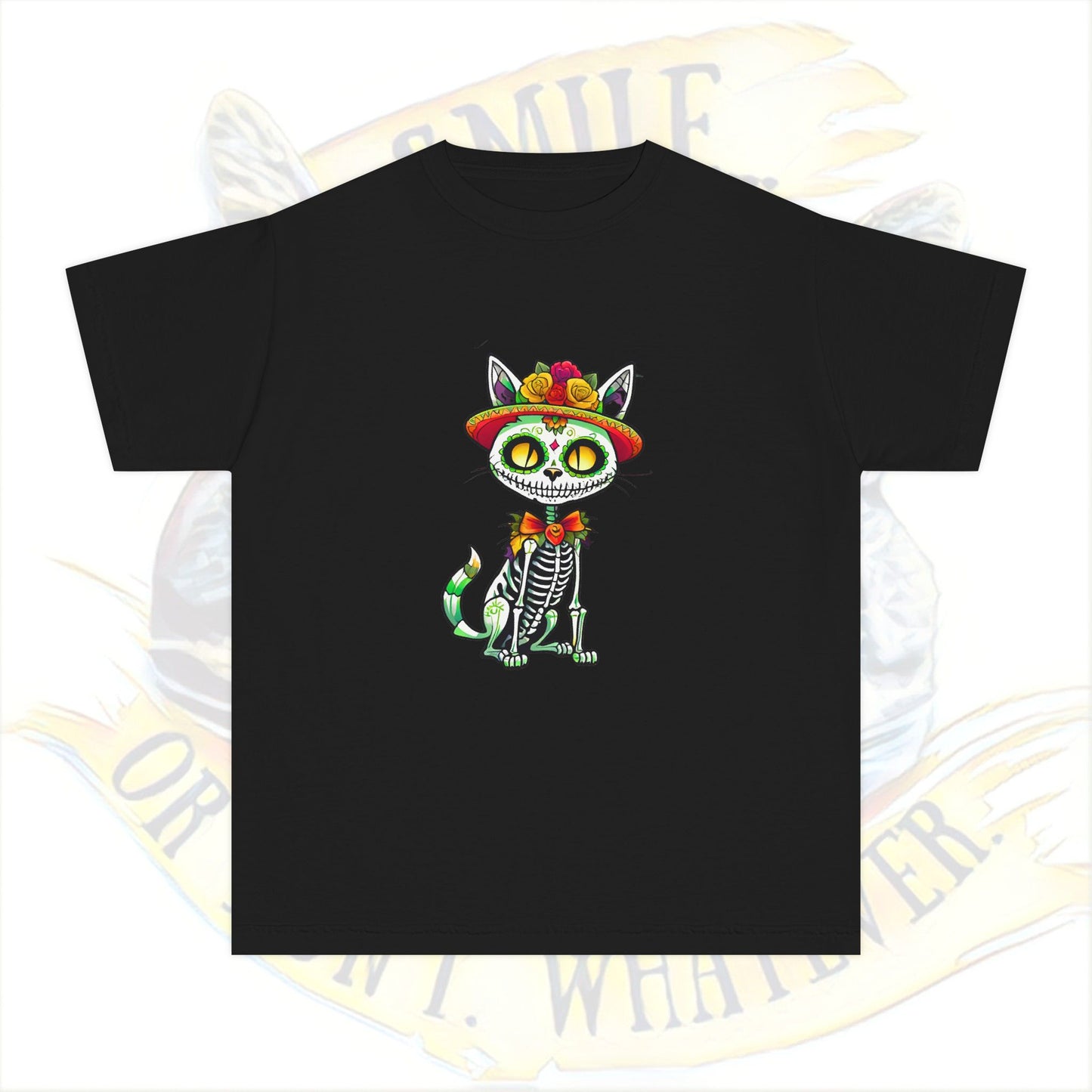 Day of the Dead Youth Tee, Fun Cat Skeleton Shirt, Halloween Shirt, Dia de los Muertos Shirt, Kids Graphic Tee