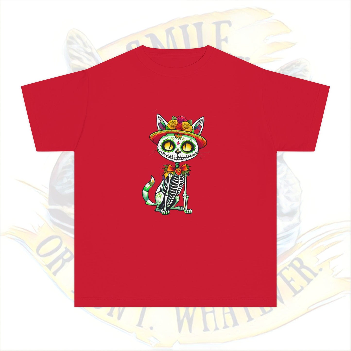 Day of the Dead Youth Tee, Fun Cat Skeleton Shirt, Halloween Shirt, Dia de los Muertos Shirt, Kids Graphic Tee