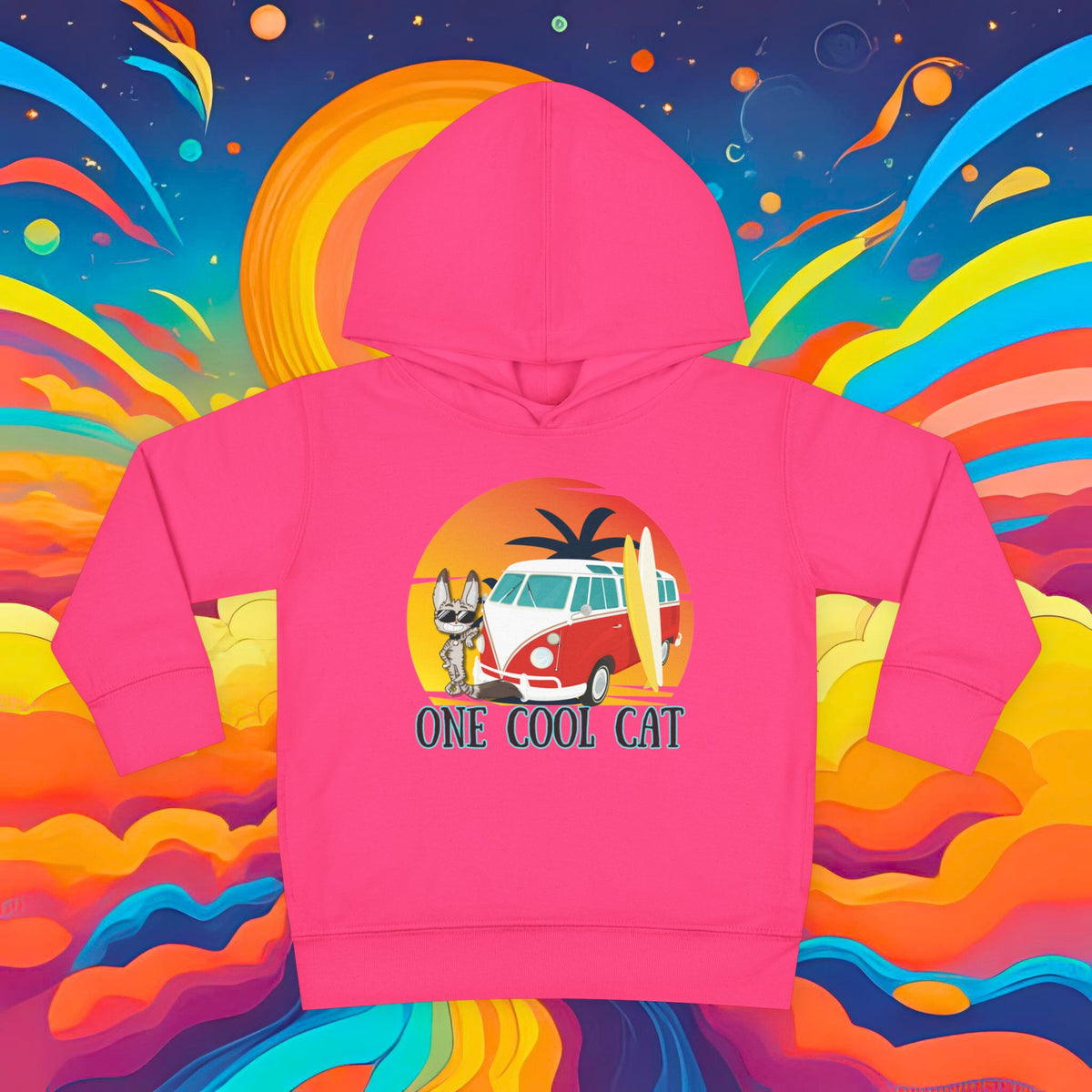 Toddler Hoodie — "One Cool Cat" Sticky Retro Van Surf Graphic