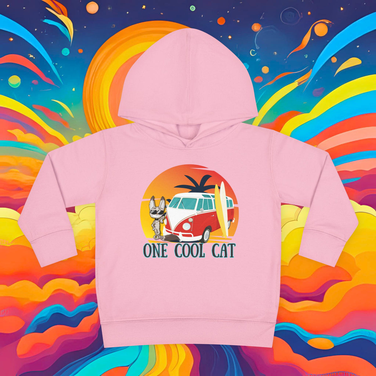 Toddler Hoodie — "One Cool Cat" Sticky Retro Van Surf Graphic