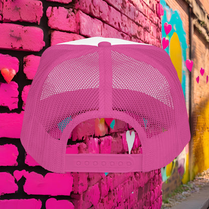 Sticky Hibiscus Trucker Hat — Pink Script Foam Mesh Cap