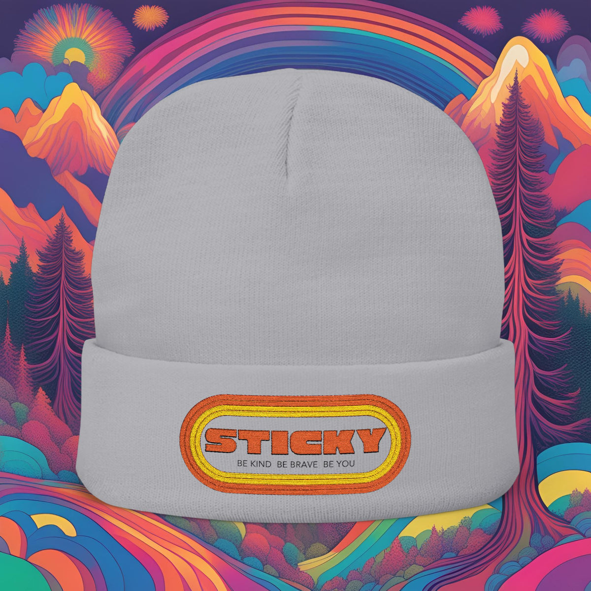 Embroidered 'Sticky' Knit Beanie – Retro Patch Winter Hat