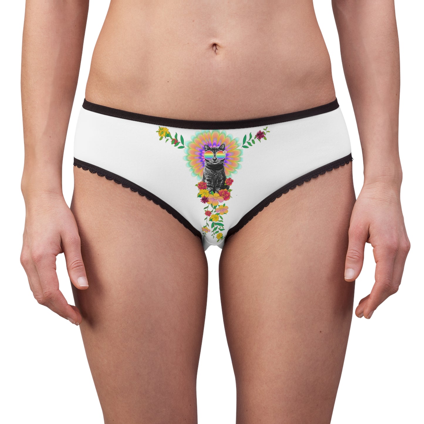 Psychedelic Sticky Floral Women's Briefs – Rainbow Mushroom Kitty Print