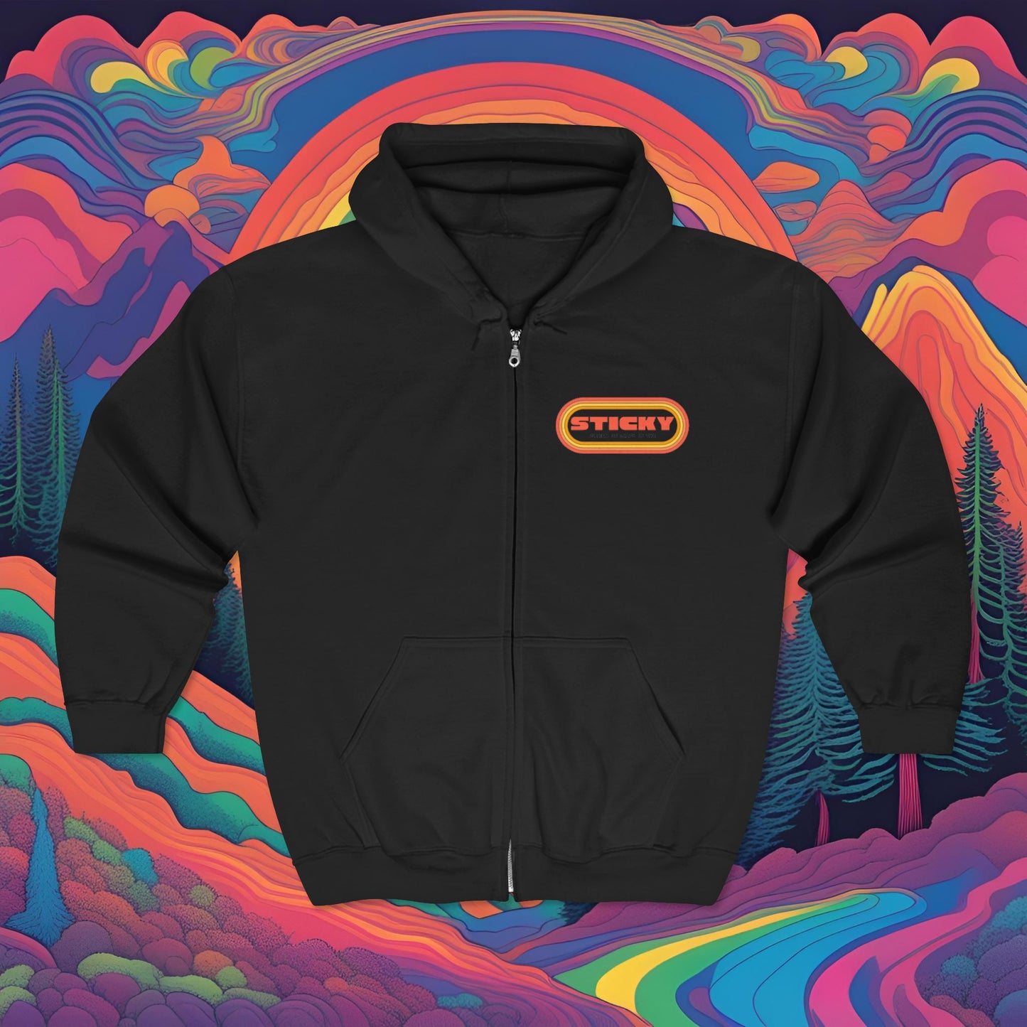 Retro "STICKY" Zip Hoodie — 70s Vintage Logo Full-Zip Sweatshirt