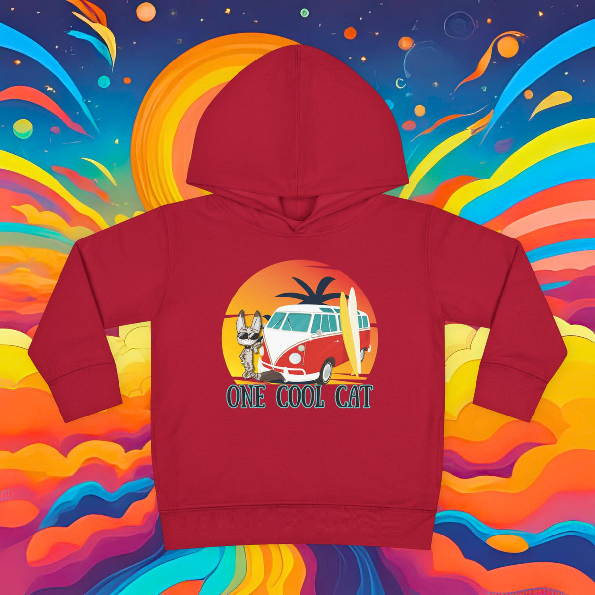 Toddler Hoodie — "One Cool Cat" Sticky Retro Van Surf Graphic