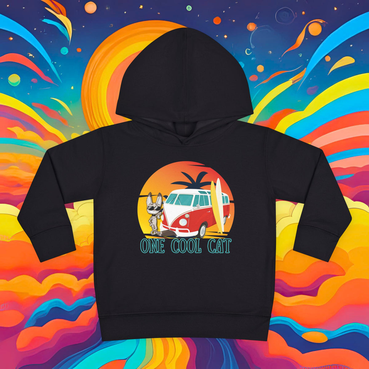 Toddler Hoodie — "One Cool Cat" Sticky Retro Van Surf Graphic