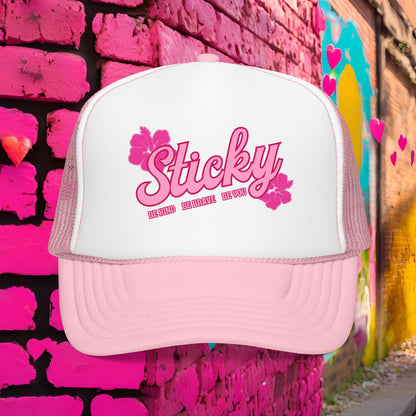 Sticky Hibiscus Trucker Hat — Pink Script Foam Mesh Cap