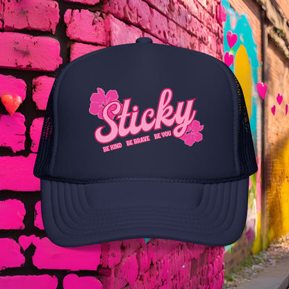 Sticky Hibiscus Trucker Hat — Pink Script Foam Mesh Cap