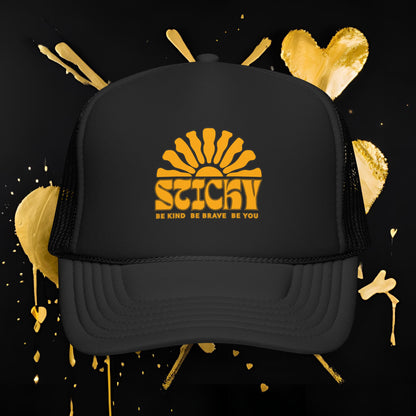 Sticky Retro Sun Trucker Hat — "Be Kind Be Brave Be You" Foam Mesh Cap
