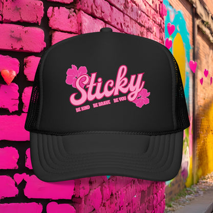 Sticky Hibiscus Trucker Hat — Pink Script Foam Mesh Cap