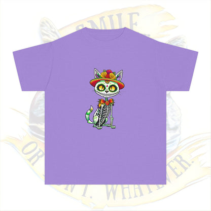 Day of the Dead Youth Tee, Fun Cat Skeleton Shirt, Halloween Shirt, Dia de los Muertos Shirt, Kids Graphic Tee