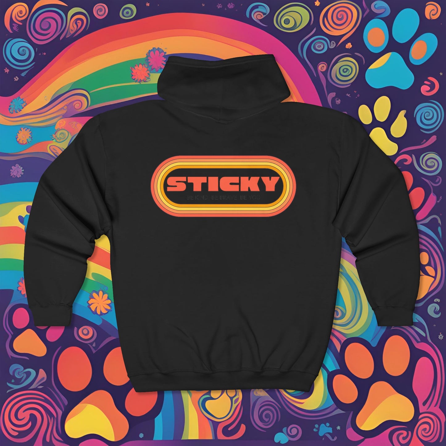 Retro "STICKY" Zip Hoodie — 70s Vintage Logo Full-Zip Sweatshirt