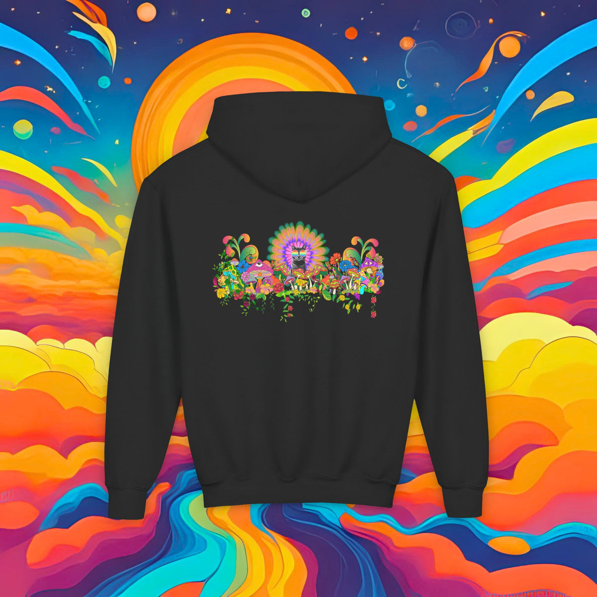 Youth Hoodie — Colorful Psychedelic Sticky Garden Graphic