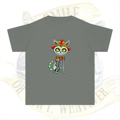 Day of the Dead Youth Tee, Fun Cat Skeleton Shirt, Halloween Shirt, Dia de los Muertos Shirt, Kids Graphic Tee
