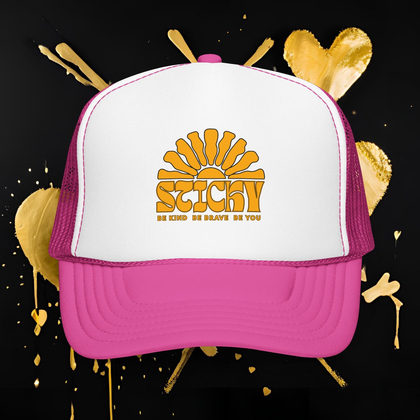 Sticky Retro Sun Trucker Hat — "Be Kind Be Brave Be You" Foam Mesh Cap