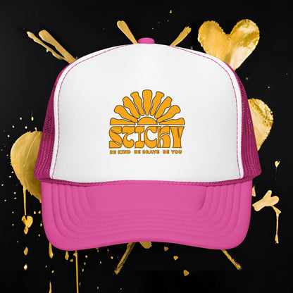 Sticky Retro Sun Trucker Hat — "Be Kind Be Brave Be You" Foam Mesh Cap