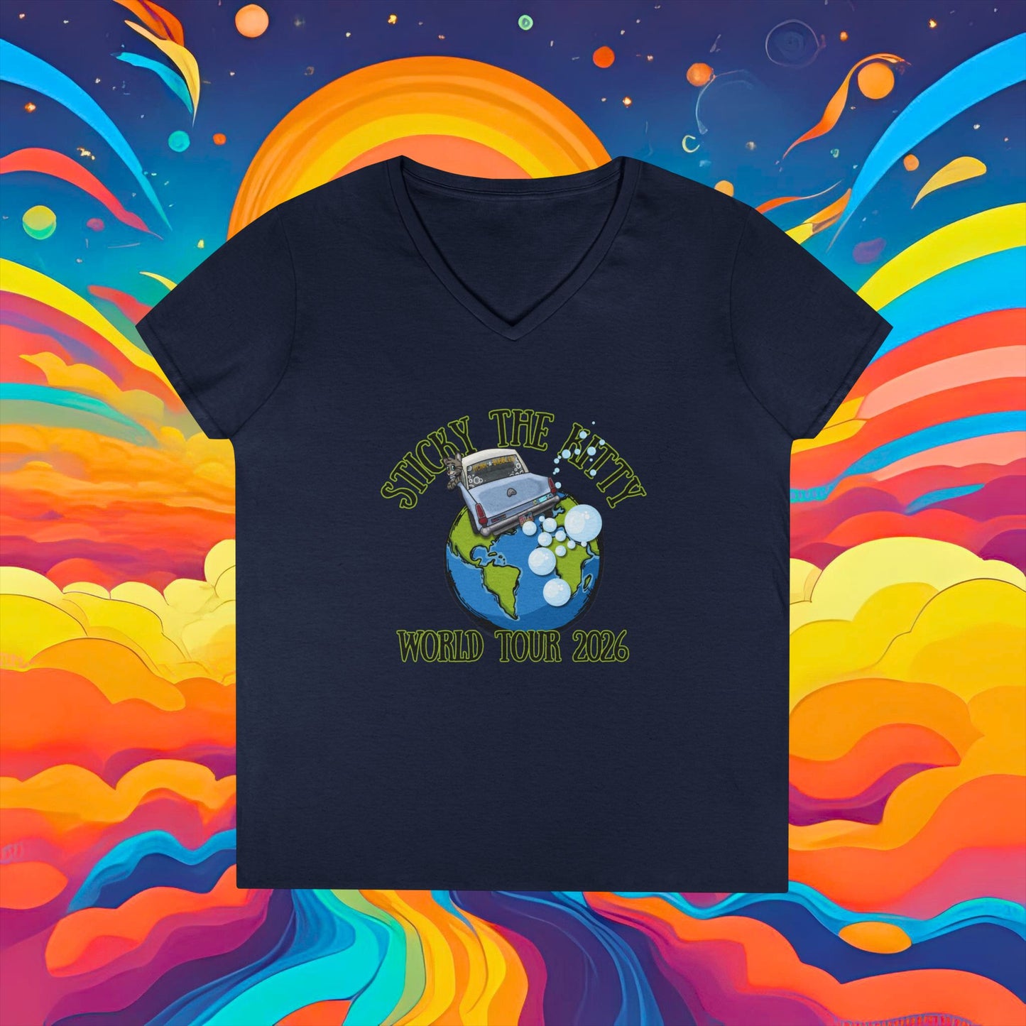 Ladies' V-Neck T-Shirt — "Sticky the Kitty" World Tour 2026 Graphic Tee