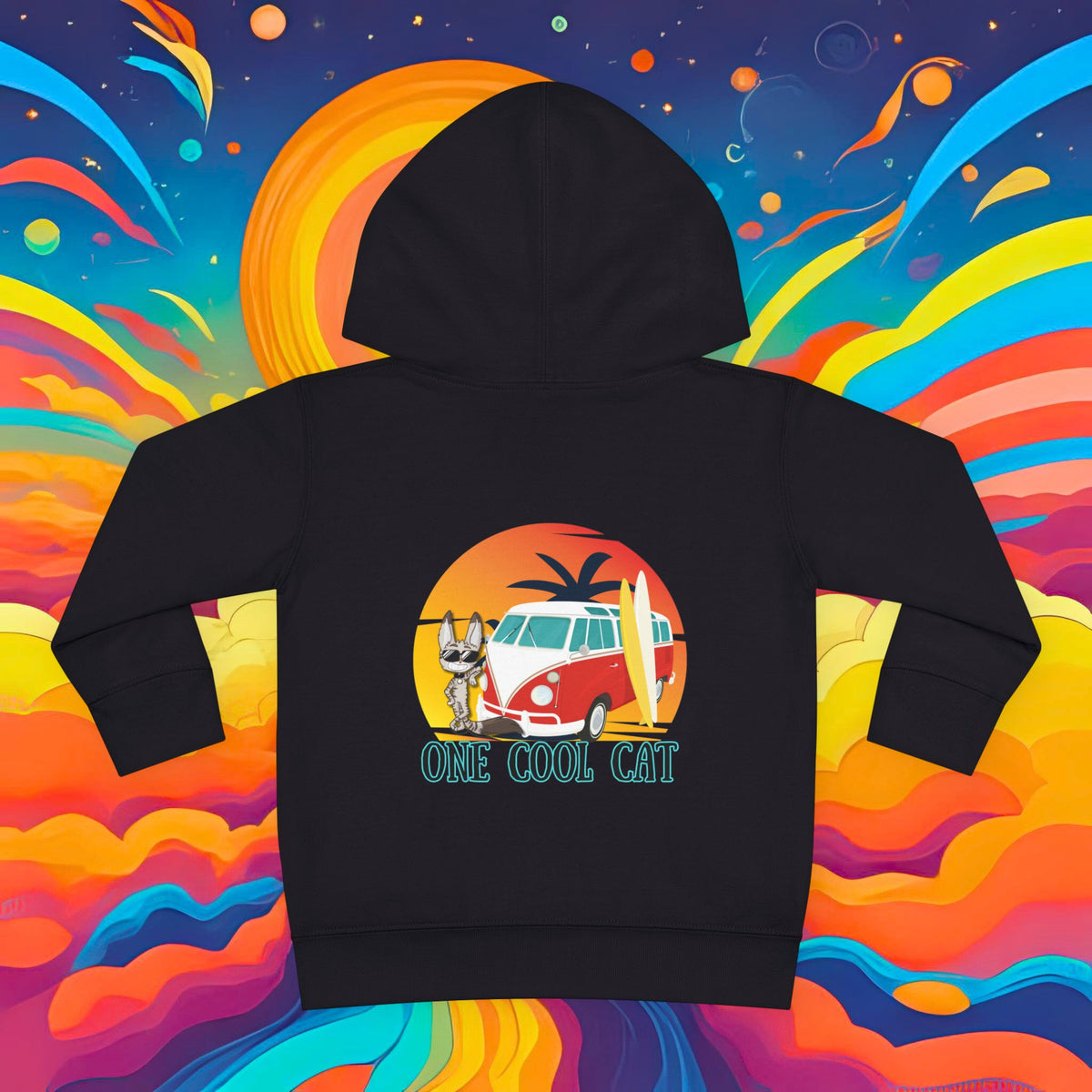 Toddler Hoodie — "One Cool Cat" Sticky Retro Van Surf Graphic