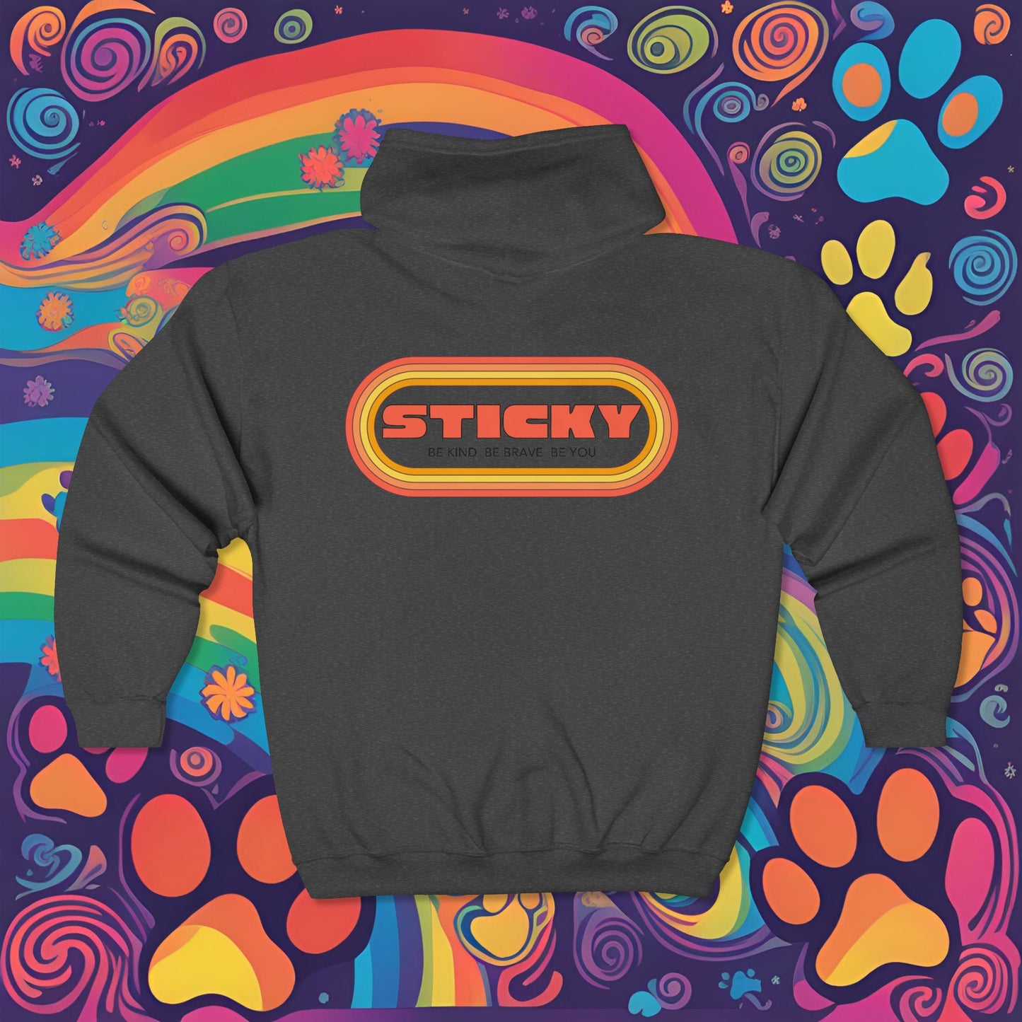 Retro "STICKY" Zip Hoodie — 70s Vintage Logo Full-Zip Sweatshirt