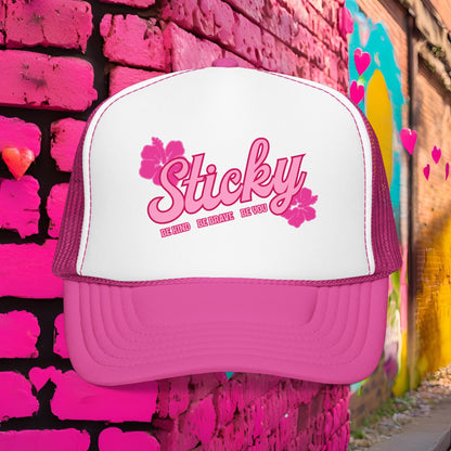 Sticky Hibiscus Trucker Hat — Pink Script Foam Mesh Cap