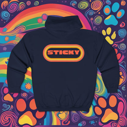 Retro "STICKY" Zip Hoodie — 70s Vintage Logo Full-Zip Sweatshirt