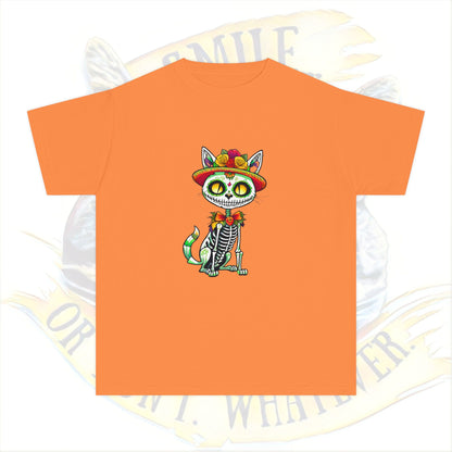 Day of the Dead Youth Tee, Fun Cat Skeleton Shirt, Halloween Shirt, Dia de los Muertos Shirt, Kids Graphic Tee
