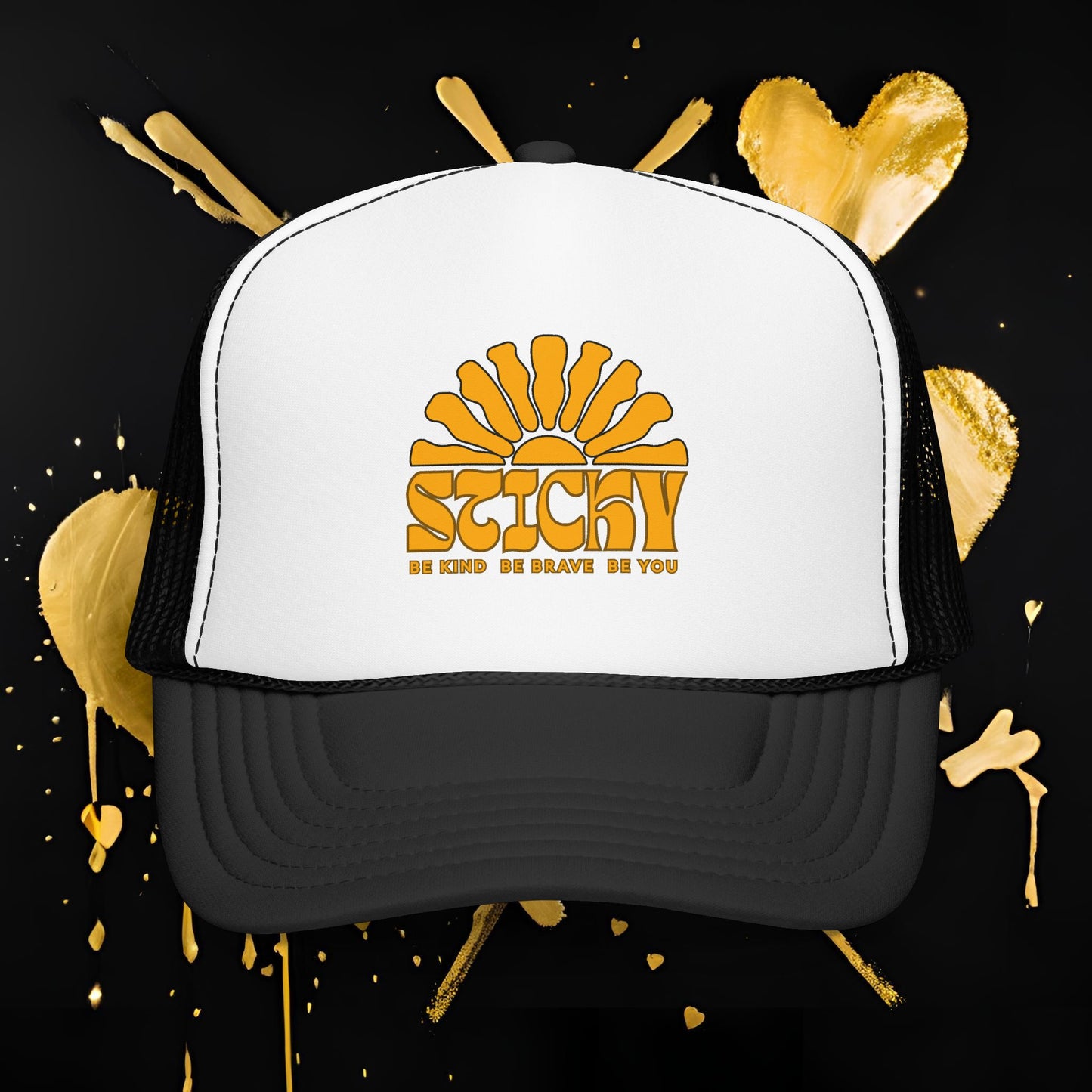 Sticky Retro Sun Trucker Hat — "Be Kind Be Brave Be You" Foam Mesh Cap