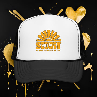 Sticky Retro Sun Trucker Hat — "Be Kind Be Brave Be You" Foam Mesh Cap