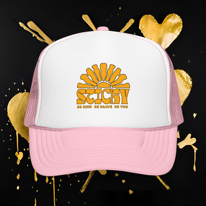 Sticky Retro Sun Trucker Hat — "Be Kind Be Brave Be You" Foam Mesh Cap
