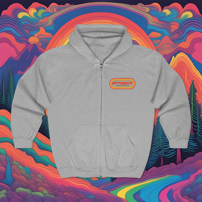 Retro "STICKY" Zip Hoodie — 70s Vintage Logo Full-Zip Sweatshirt