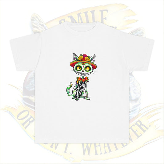 Day of the Dead Youth Tee, Fun Cat Skeleton Shirt, Halloween Shirt, Dia de los Muertos Shirt, Kids Graphic Tee