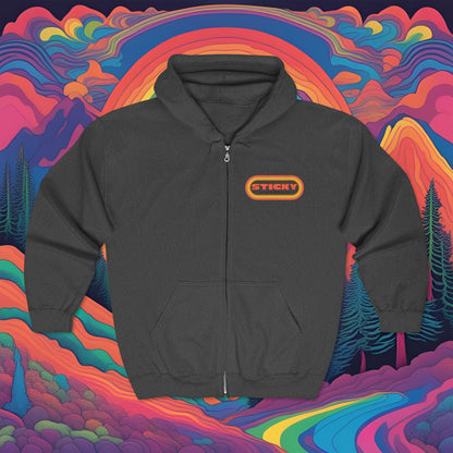 Retro "STICKY" Zip Hoodie — 70s Vintage Logo Full-Zip Sweatshirt