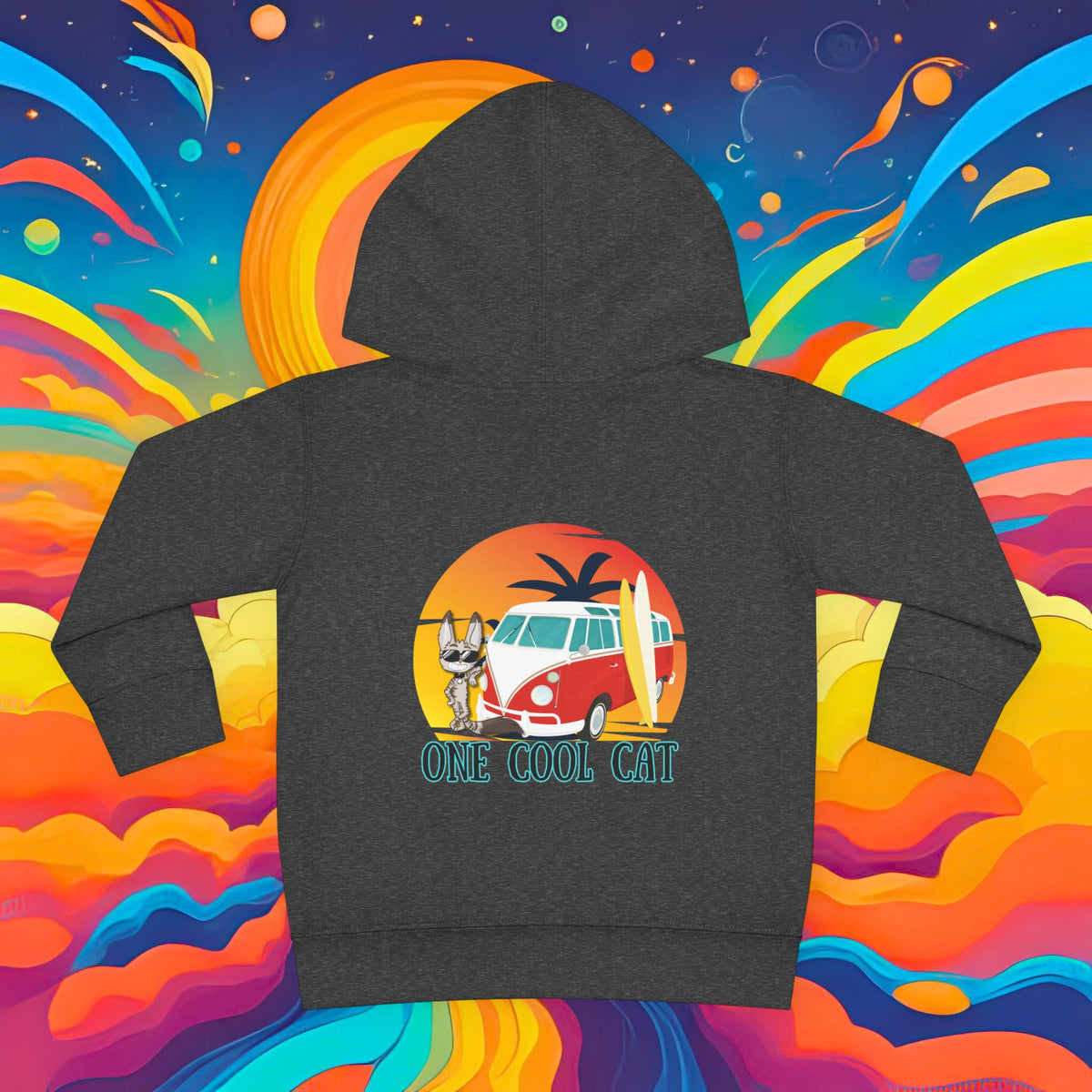 Toddler Hoodie — "One Cool Cat" Sticky Retro Van Surf Graphic