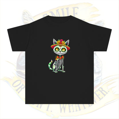 Day of the Dead Youth Tee, Fun Cat Skeleton Shirt, Halloween Shirt, Dia de los Muertos Shirt, Kids Graphic Tee
