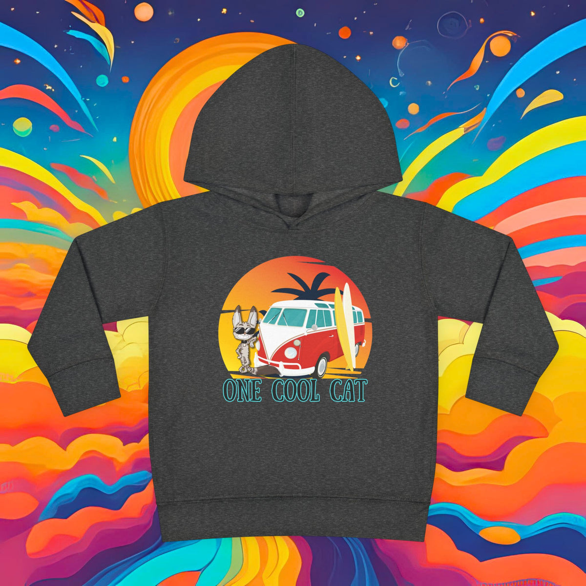 Toddler Hoodie — "One Cool Cat" Sticky Retro Van Surf Graphic