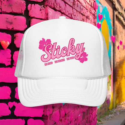 Sticky Hibiscus Trucker Hat — Pink Script Foam Mesh Cap