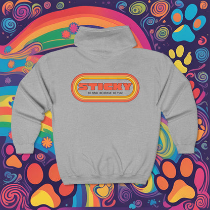 Retro "STICKY" Zip Hoodie — 70s Vintage Logo Full-Zip Sweatshirt
