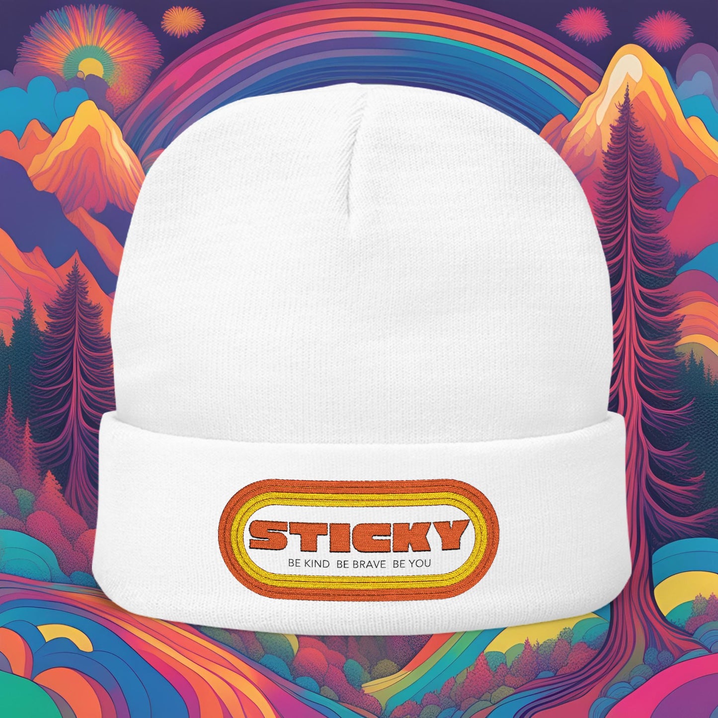 Embroidered 'Sticky' Knit Beanie – Retro Patch Winter Hat