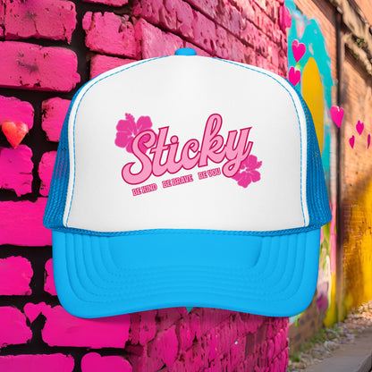 Sticky Hibiscus Trucker Hat — Pink Script Foam Mesh Cap