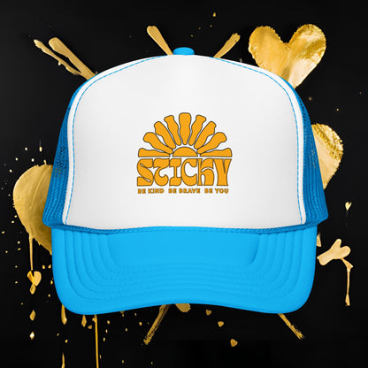 Sticky Retro Sun Trucker Hat — "Be Kind Be Brave Be You" Foam Mesh Cap