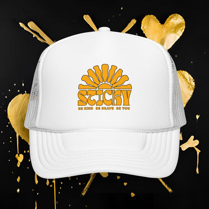 Sticky Retro Sun Trucker Hat — "Be Kind Be Brave Be You" Foam Mesh Cap