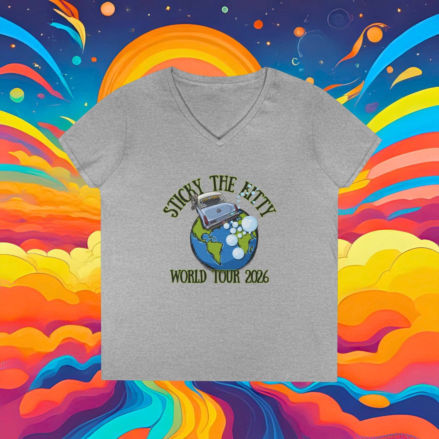 Ladies' V-Neck T-Shirt — "Sticky the Kitty" World Tour 2026 Graphic Tee