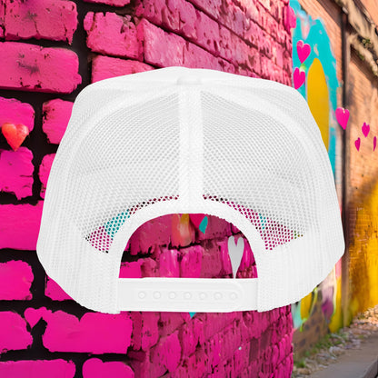 Sticky Hibiscus Trucker Hat — Pink Script Foam Mesh Cap