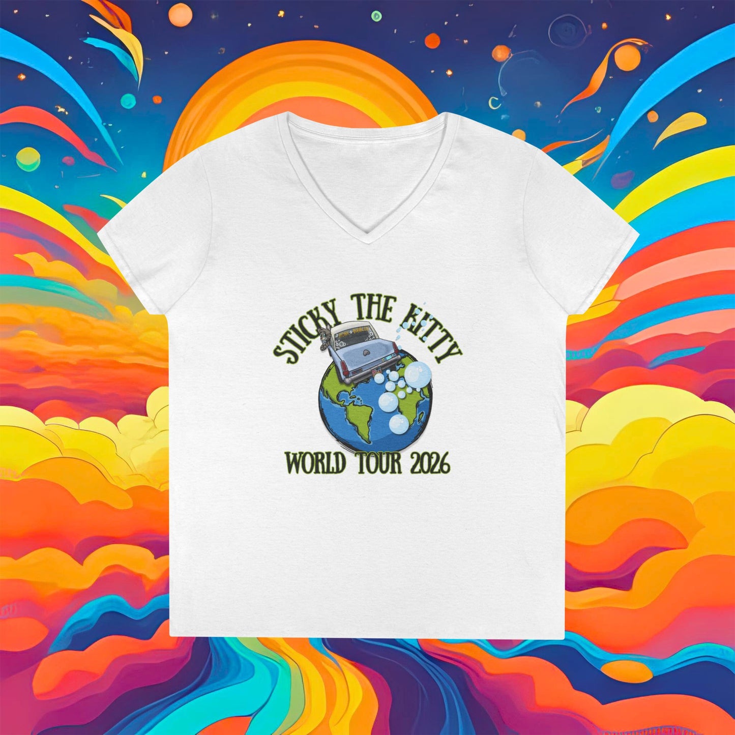 Ladies' V-Neck T-Shirt — "Sticky the Kitty" World Tour 2026 Graphic Tee