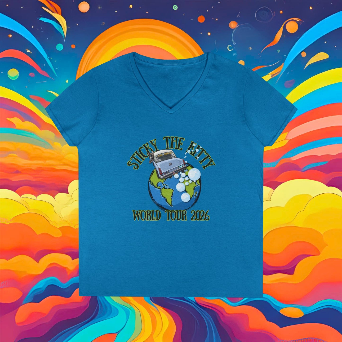 Ladies' V-Neck T-Shirt — "Sticky the Kitty" World Tour 2026 Graphic Tee